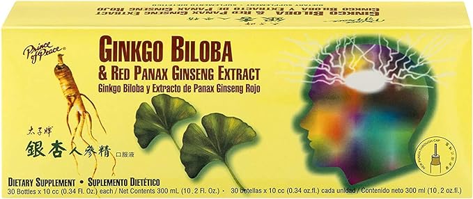 Prince Of Peace Ginkgo Biloba & Red Panax Ginseng Extract, 0.34 fl. oz. Each – Ginkgo Biloba Supplement – Chinese Red Panax Ginseng Extract – Supports Overall Well-Being - 6 Pack - 180 Bottles