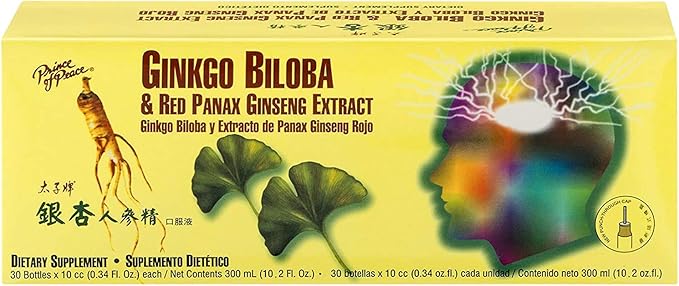Prince Of Peace Ginkgo Biloba & Red Panax Ginseng Extract, 0.34 fl. oz. Each – Ginkgo Biloba Supplement – Chinese Red Panax Ginseng Extract – Supports Overall Well-Being - 2 Pack - 60 Bottles