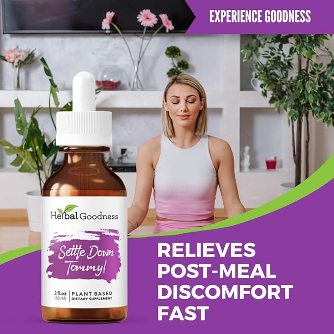 Herbal Goodness Settle Down Tommy - Organic Digestive Support & Gut Balance Supplement | Supports Belly Bliss & Balanced Gut with Ginger, Lemon Balm, Mango Leaf, Nettle, | 2 fl oz