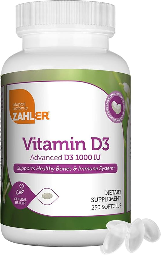 Zahler - Advanced Vitamin D3 1000 IU Softgels (250 Count) Kosher Vegetarian Friendly Vitamin D for Immune Support, Bone, Teeth & Muscle Health - Daily D3 Vitamin Supplement for Adults - Easy Swallow V
