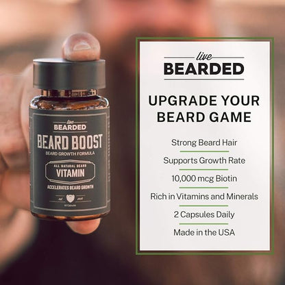 Live Bearded Beard Boost - Hair Growth Multivitamins with Biotin 10,000mcg, Vitamins C, E and Zinc - Thick, Strong, Full Grow Support - Made in The USA | 60-Day Supply