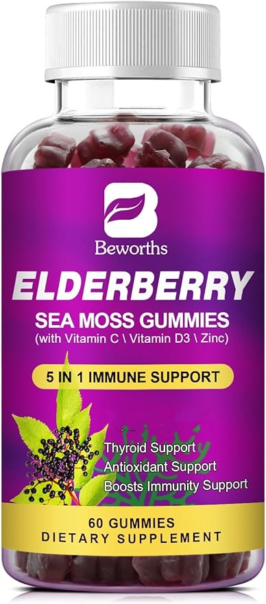 Elderberry Gummies & Irish Sea Moss, Organic Sambucus Elderberry Gummy with Seamoss, Zinc, Vitamin C, D3, Multivitamin Elderberry Vitamin & Energy Support Supplements - Sugar-Free