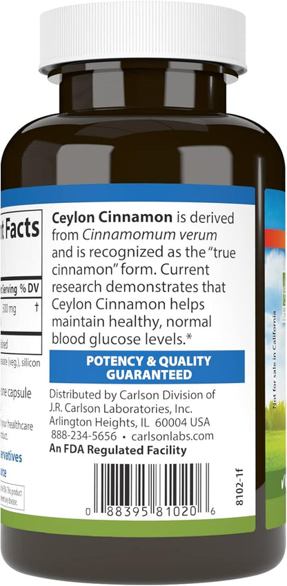 Carlson - Ceylon Cinnamon, Cinnamon Supplements, 500 mg, Cinnamon Extract Pills, Ceylon Cinnamon Capsules, 90 Capsules.