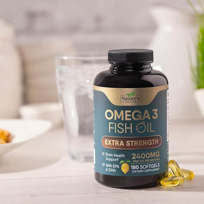 Triple Strength Omega 3 Fish Oil Supplement, EPA & DHA Fish Oil Omega 3 Essential Fatty Acids Supplement Softgels, 2400 mg Brain & Heart Health Support Supplements, Gluten Free, Non-GMO, 180 Softgels