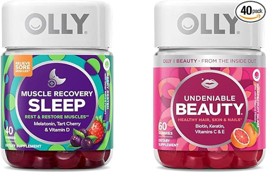 OLLY Muscle Recovery Sleep Gummies, Sleep and Sore Muscle Support, 3mg Melatonin & Undeniable Beauty Gummy, for Hair, Skin, Nails, Biotin, Vitamin C, Keratin, Chewable