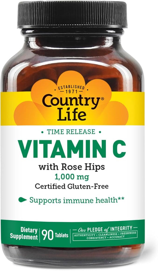 Country Life Vitamin C 1000mg with Rose HIPS – Time Release Immune Support Supplement – Antioxidant Protection – Vegan, Gluten-Free, Preservative-Free – 90 Tablets