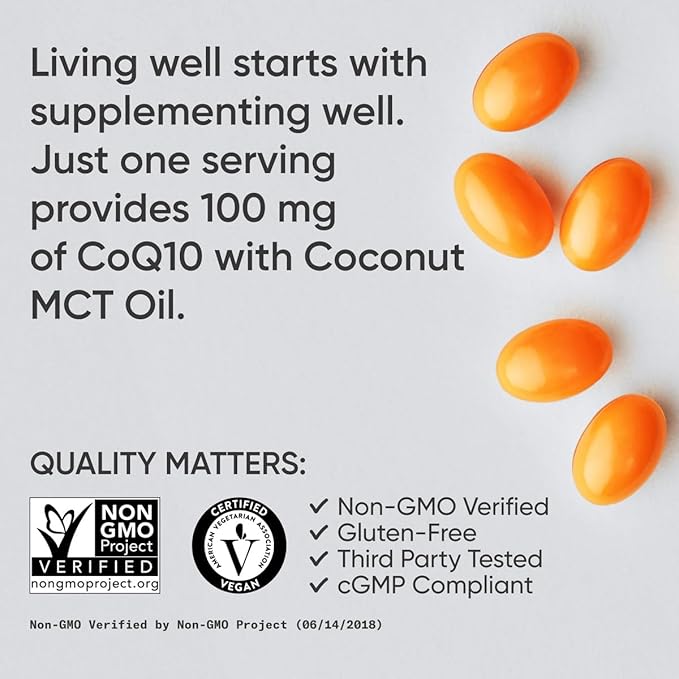 CoQ10 (100mg) Enhanced with Coconut Oil & Bioperine (Black Pepper) for Better Absorption | Vegan Certified and Non-GMO Verified (30 Veggie Softgels)