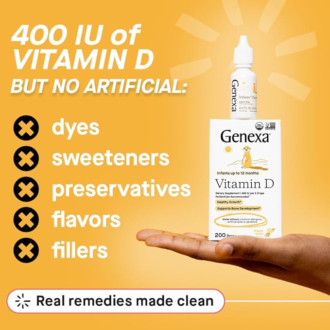 Genexa Infants Vitamin D Liquid Drops for Newborn, Baby & Toddler | Supports Growth & Bone Development | Delicious Organic Vanilla Flavor | Certified Organic, Gluten Free, & Non-GMO | 90 Servings
