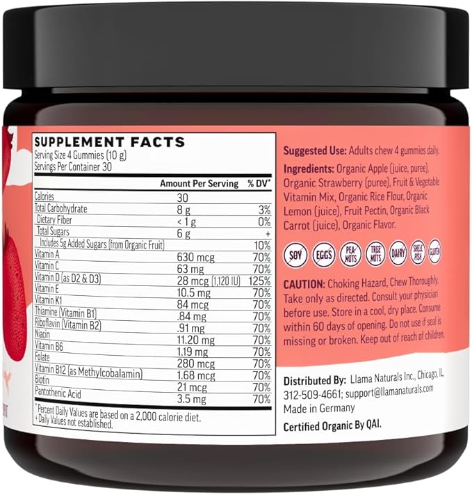Llama Naturals Multivitamin for Women & Men, Vegan, Organic Gummies with Vitamin D, C & K, Adults Real Fruit Gummy Vitamins, Chewable Multivitamin Supplement, No Added Sugar Cane, Strawberry, 120 Ct
