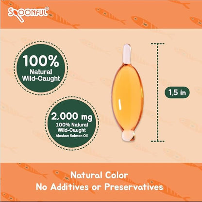 Spoonful Salmon Squeeze - 100% Natural Wild-Caught Alaskan Salmon Oil – 2,000 mg Omega-3 Softgel, 60 Squeezeable Softgels | DHA, EPA & Natural Astaxanthin, Non-GMO, Sustainable, Made in USA (60)