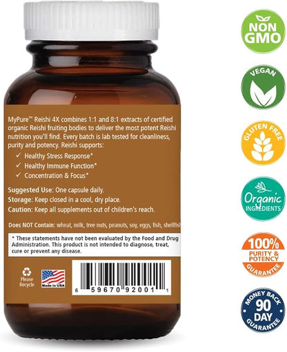 PURE ESSENCE LABS MyPure Reishi 4X Organic Mushrooms Supplement - 100% Real Mushroom Extract for Immune Support, Stress Relief, Build Energy (30 Capsules)