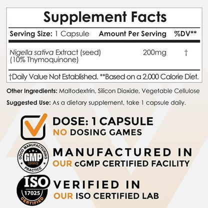 Nootropics Depot Nigella Sativa Extract Capsules | 200mg | 120 Count | Minimum 10% Thymoquinone Content | Black Seed Oil Extract | Supports Brain Health, Memory, Liver Health, and Immune Function
