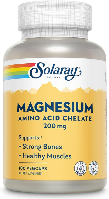 Solaray Magnesium Amino Acid Chelate 200 mg, Chelated Magnesium Supplement for Bone Health, Heart Health and Muscle Function Support, Vegan, 60-Day Money Back Guarantee, 100 Servings, 100 VegCaps