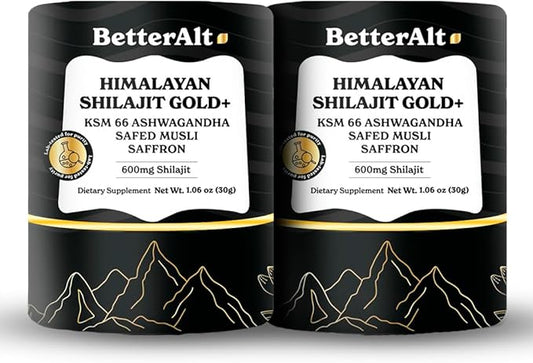 Pure Himalayan Shilajit Gold+ (Pack of 2) 60 gm| Enhances Recovery & Boosts Strength| 16,000 ft Sourced Blend with Ashwagandha, Safed Musli, Gokshura| Vegan & Lab Tested -600mg