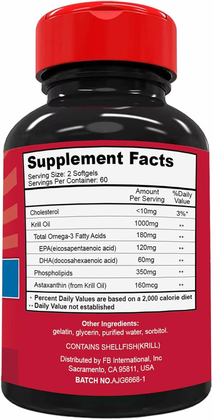 Antarctic Krill Oil 1000mg, Omega 3 Supplement，EPA, DHA, Phospholipids and Astaxanthin - 240 Softgels