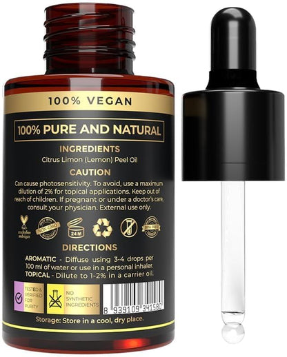 100% Plant Based Lemon Essential Oil - Organic Lemon Oil for Skin, Diffuser & Cleaning | Natural Hair Care & Skin Care | Reduce Acne & Brightens Skin