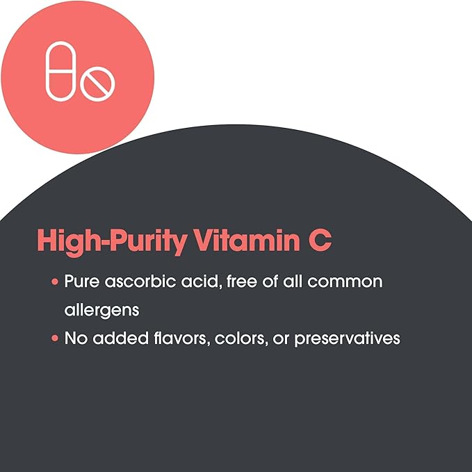 Allergy Research Group Pure Vitamin C Supplement - Ascorbic Acid, 1000mg Organic Vitamin C, High Potency, Unbuffered, Mild Acidity, Vegetarian Capsules - 100 Count
