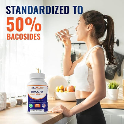 Vitamatic Bacopa Monnieri 2500 mg Equivalent Per Serving (from 10:1 Extract 250 mg) Nootropic Herbal Supplement - 50% Bacosides, Non-GMO & Gluten Free - 180 Vegetable Capsules