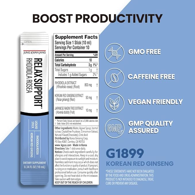 JungKwanJang Relax Support Rhodiola Rosea (800mg), Korean Red Ginseng Everytime Extract Sticks, Relaxation Supplement for Calm and Clarity, 10 Count