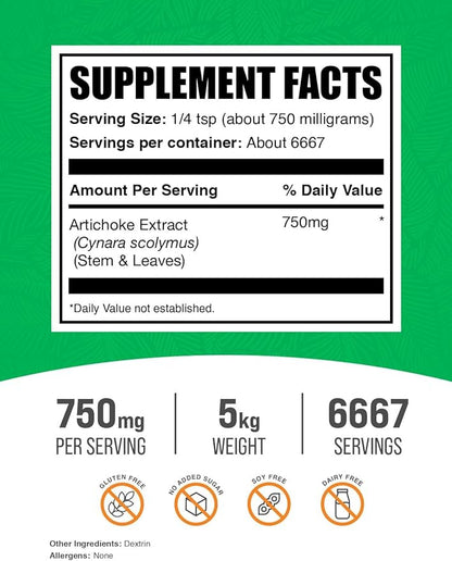 BulkSupplements.com Artichoke Extract Powder - Herbal Supplement, Artichoke Supplement - Vegan & Gluten Free, 750mg per Serving, 5kg (11 lbs) (Pack of 5)