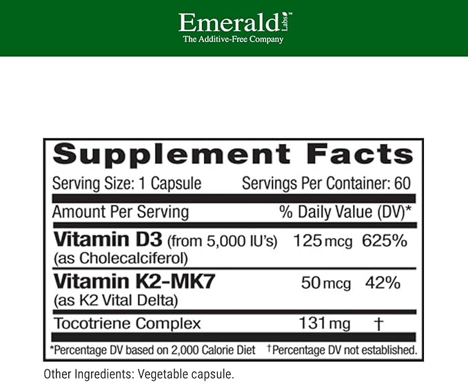 EMERALD LABS Vitamin D3+K2 - Vitamin D & VitalDelta MK-7 for Bone Health & Heart Support* - Vegetarian, Gluten-Free, Clinical Potency - 60 Vegetable Capsules