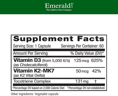 EMERALD LABS Vitamin D3+K2 - Vitamin D & VitalDelta MK-7 for Bone Health & Heart Support* - Vegetarian, Gluten-Free, Clinical Potency - 60 Vegetable Capsules