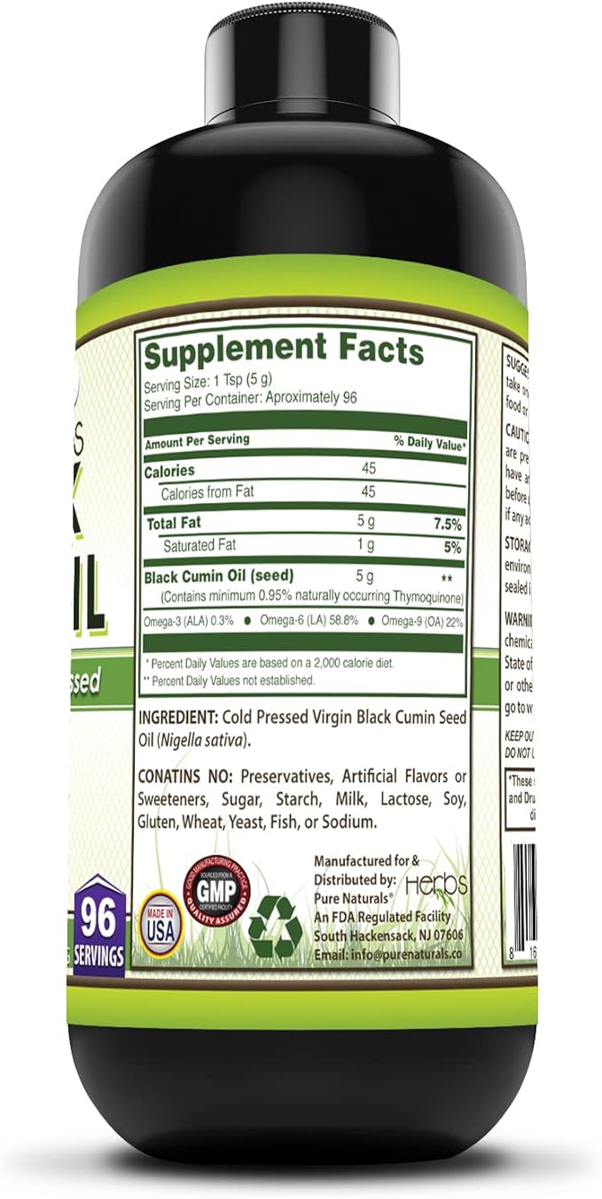 Pure Naturals Black Seed Oil Supplement | 16 Oz | 5 G Per Serving | 96 Servings Per Bottle | Non-GMO |Gluten-Free | Made in USA