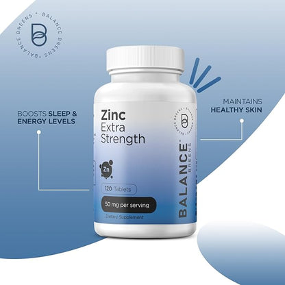 Zinc 50mg, 120 Vegetarian Tablets - Immune Support, Promotes Skin Health & Wound Healing, Extra Strength, Ultra-Absorbable