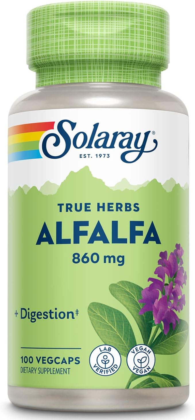 SOLARAY Alfalfa Leaf 860 mg, Alfalfa Capsules, Superfood with Naturally Occurring Vitamins, Minerals, and Fiber, Healthy Digestion Support, Vegan, 60-Day Guarantee, 50 Servings, 100 VegCaps