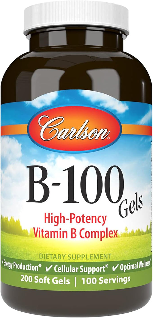 Carlson - B-100 Gels, High-Potency Vitamin B Complex, Energy Production, Cellular Support & Optimal Wellness, 200 Softgels