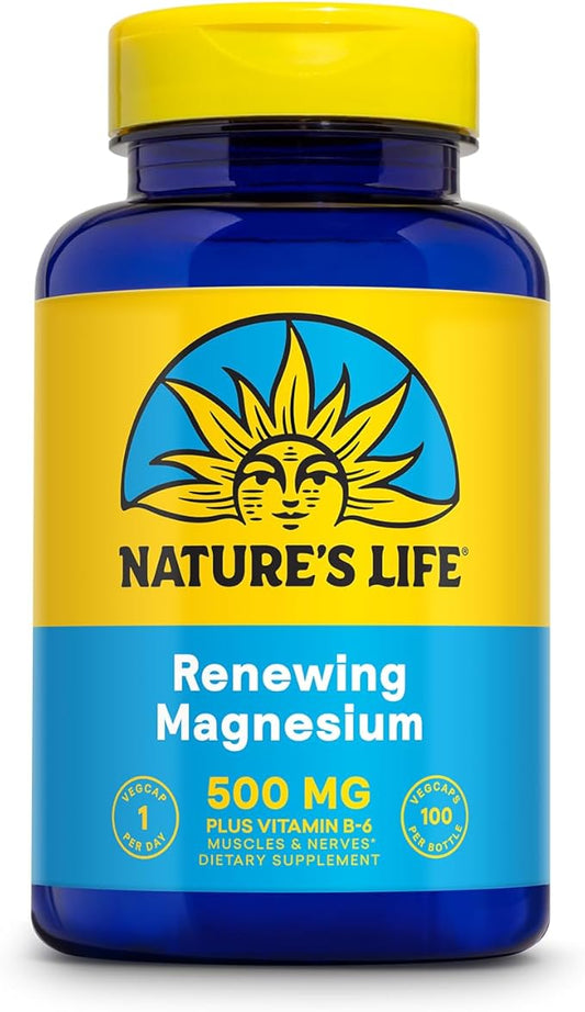 Natures Life Renewing Magnesium 500 mg - Magnesium Citrate, Magnesium Malate, Magnesium Oxide Plus Vitamin B-6 - Muscles and Nerves Support - Lab Verified (100 Servings, 100 VegCaps)