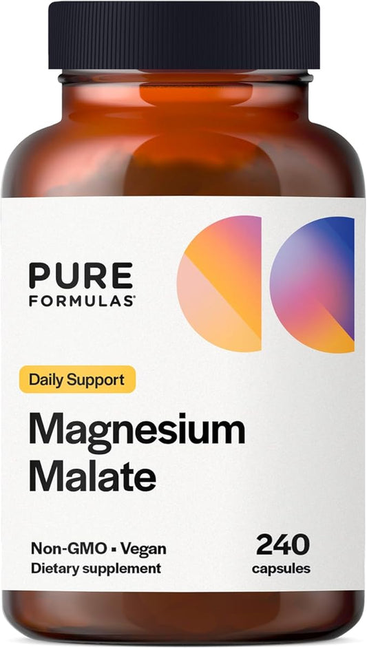 PureFormulas Magnesium Malate Capsules - Chelated Magnesium as Di-Magnesium Malate - Highly Bioavailable Form to Support Energy, Bone Health + Muscle Recovery, malato de magnesio 360 mg - 240 Capsules
