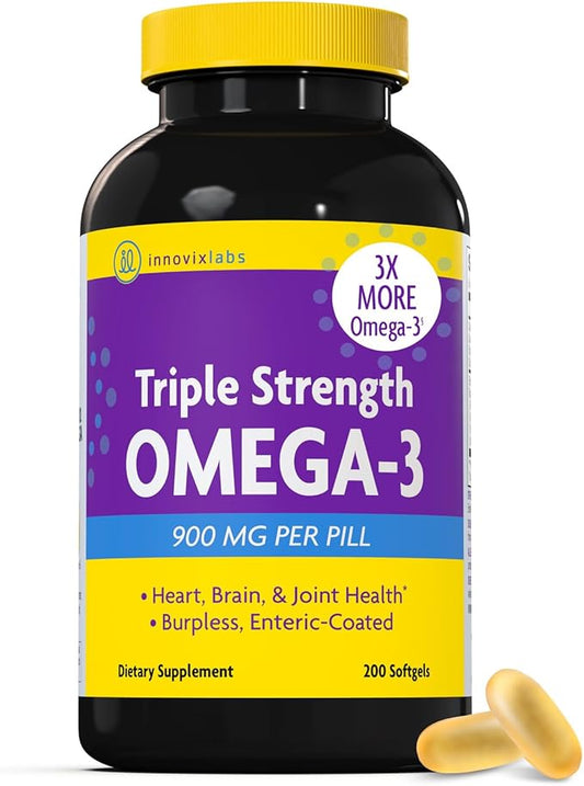 InnovixLabs Triple Strength Omega 3 Supplement, Burpless Fish Oil for Women and Men - 900 mg EPA & DHA, Brain & Joint Support, Award Winning & Third-Party Tested, 200 Softgels