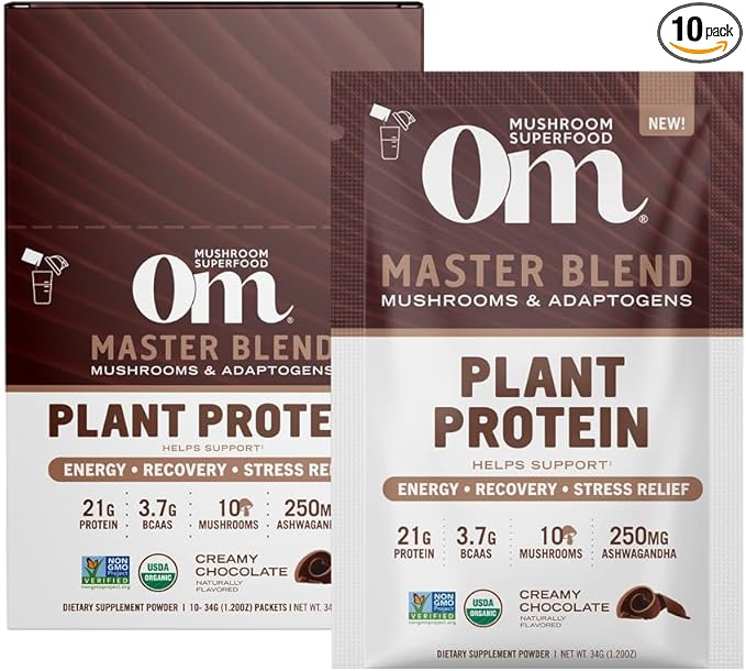 OM Mushroom Superfood Master Blend Mushrooms & Adaptogens, Creamy Chocolate Plant Protein, Single Serve, 10 Count, 10 Mushroom Complex, Lion's Mane, Ashwagandha for Energy, Recovery, Stress Relief