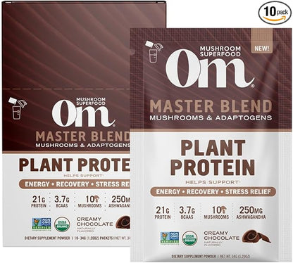 OM Mushroom Superfood Master Blend Mushrooms & Adaptogens, Creamy Chocolate Plant Protein, Single Serve, 10 Count, 10 Mushroom Complex, Lion's Mane, Ashwagandha for Energy, Recovery, Stress Relief