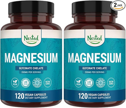 Nested Naturals Magnesium Glycinate Chelate - 200mg Chelated Magnesium Supplement for Muscle Cramps, Relaxation, & Sleep Support - 100% Albion TRACCS Buffered Magnesium Glycinate - 240 Vegan Capsules