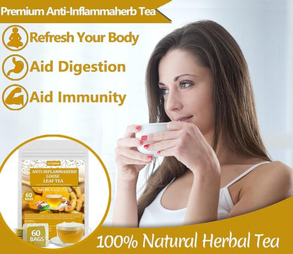60 Premium Anti-Inflammaherb Tea Bags, Made with 100% Natural Herb Ingredients, Turmeric, Ginger, Ceylon Cinnamon, Peppermint, Black Pepper, No Additives & Caffeine Free.