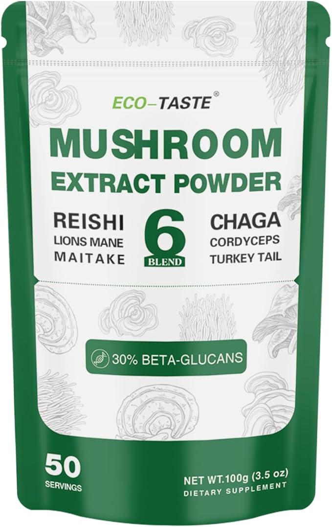 ECO-TASTE 6 Blend Mushroom Powder with 30% Beta-D-Glucan, Lions Mane, Reishi, Cordyceps, Chaga, Turkey Tail, Maitake, Fruiting Body Extract, 100 Grams
