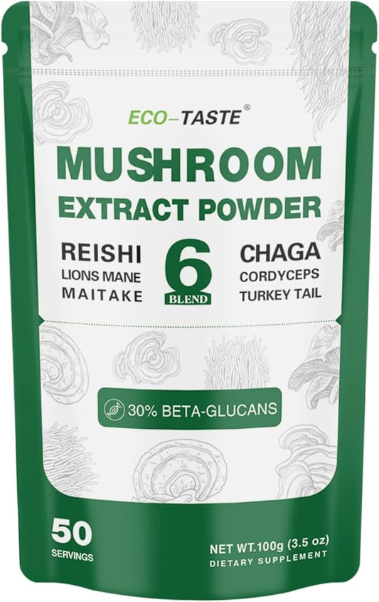 ECO-TASTE 6 Blend Mushroom Powder with 30% Beta-D-Glucan, Lions Mane, Reishi, Cordyceps, Chaga, Turkey Tail, Maitake, Fruiting Body Extract, 100 Grams