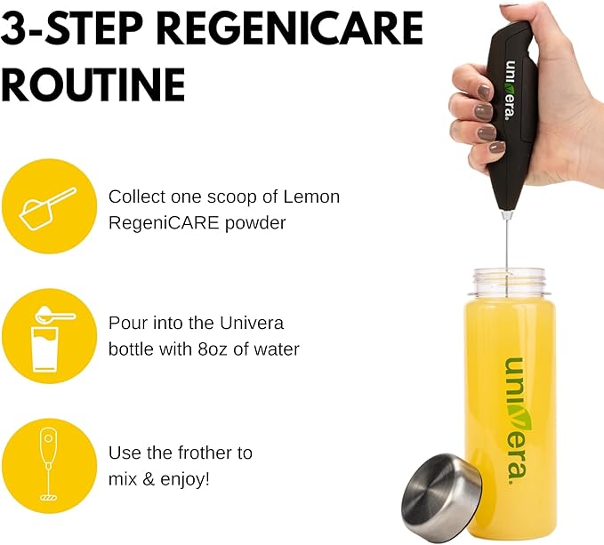 Univera RegeniCARE Gift Set with Bottle and Frother – Joint Support with Glucosamine, Univestin, MSM, Chondroitin – 30 Servings, Lemon