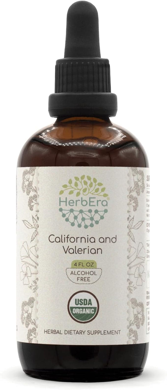California and Valerian B120 USDA Organic Tincture | Alcohol-Free Extract, Herbal Drops | Certified Organic California Poppy (Eschscholzia californica), Valerian Root (Valeriana officinalis) (4 oz)