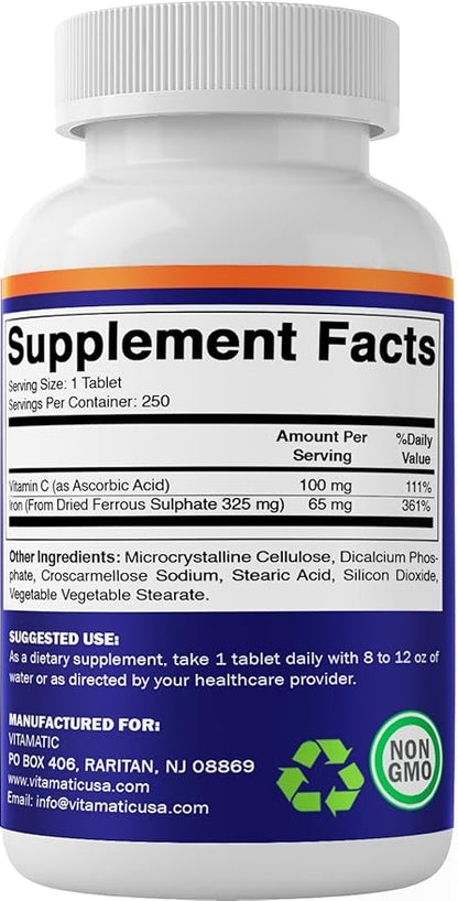 Vitamatic Ferrous Sulfate 325 mg with Vitamin C 100 mg (65 mg Elemental Iron) – High Potency Iron Supplement – No Artificial Colors – 250 Coated Tablets, Made in USA
