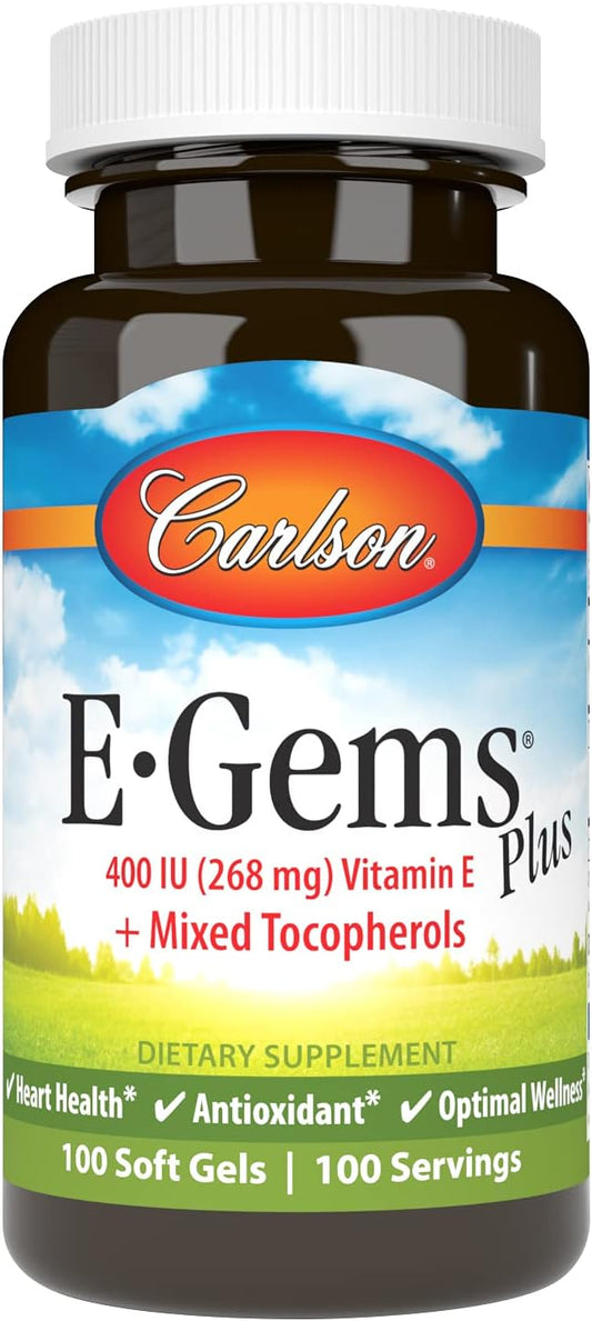 Carlson - E-Gems Plus, 400 IU (268 mg), Natural-Source Vitamin E, Optimal Wellness, 100 Soft Gels