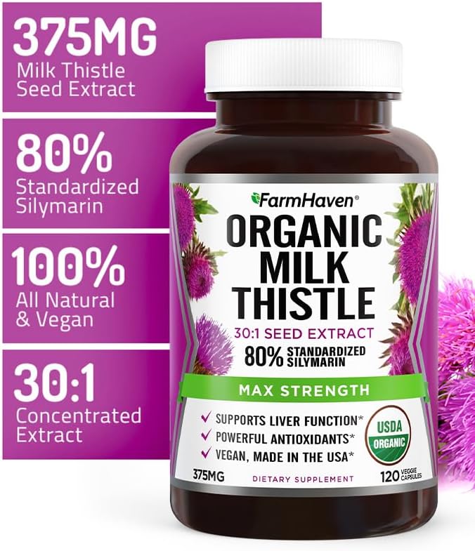 FarmHaven USDA Organic Milk Thistle Capsules | 30X Concentrated Seed Extract & 80% Silymarin Standardized - Supports Liver Function and Overall Health | Non-GMO | 360 Vegan Capsules