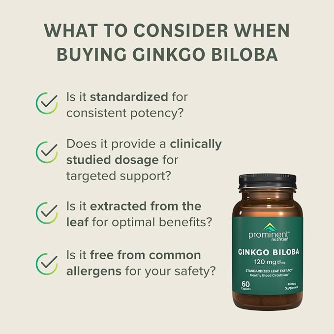 Prominent Nutrition Ginkgo Biloba 120mg - Ginkgo Biloba Leaf Extract, Herbal Supplements to Help Support Memory & Focus- Vegan, Non-GMO, Gluten-Free, Soy-Free, 60 Day Supply