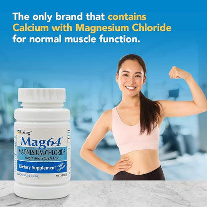 Rising Pharma - Mag64 Magnesium Chloride with Calcium Tablets - 60 Counts