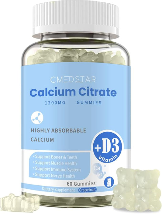 Calcium Citrate Gummies, Chewable Calcium Citrate 1200mg with Vitamin D3 & K2, Magnesium, Zinc for Women & Men, Supports Bone & Muscle Health, Boosts Immunity, Sugar-Free,Gluten-Free, Vegan, 60 Count