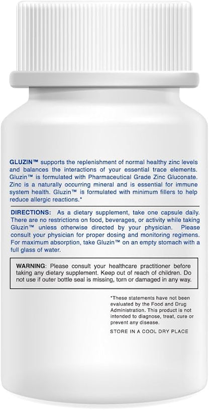 Gluzin OTC ZINC - Gluzin - Pharmaceutical Grade Zinc, 50mg, (2 Bottles - 120 Capsules)