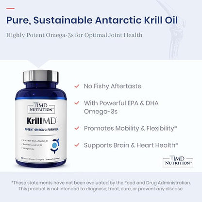 1MD Nutrition KrillMD - Antarctic Krill Oil Omega 3 Supplement with Astaxanthin, EPA, DHA | 2X More Effective Than Fish Oil | 60 Softgels