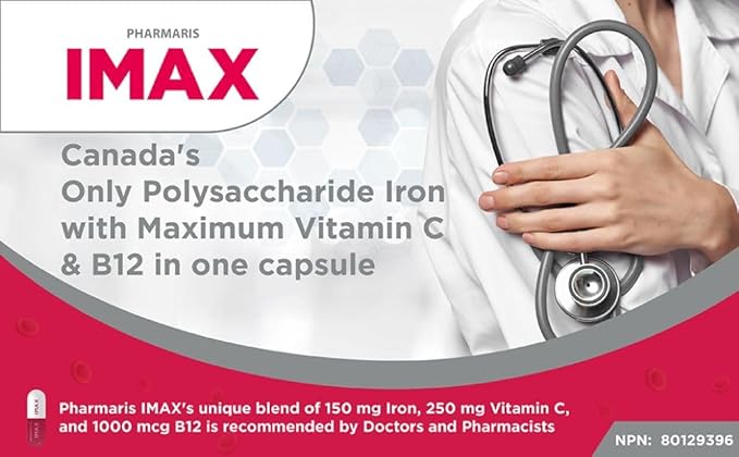 IMAX 150 mg Iron Supplement, 250 mg VIT C, 1000 mcg VIT B12, 30 Capsules, Treatment for Iron Deficiency Anemia, Once Daily Dosing